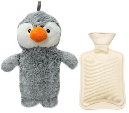 Siyecioa Bolsa de Agua Caliente, Con Funda Suave de Peluche, Pequeña Animales Hot Water Bottle Caucho Natural, Calentador Cama, para Niños, Adultos, Alivio del Dolor, Mantener Caliente（pingüino）