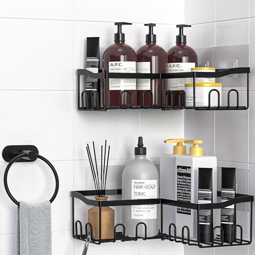 PRIME FEEL Corner Shower Caddy no Drill, 3-Pack Stainless Steel Shower Shelf Organiser, Bathroom Accessory Set Including 2 x Bathroom Shelves, 1 x Towel Holder, 4 x Adhesive Pads, Black