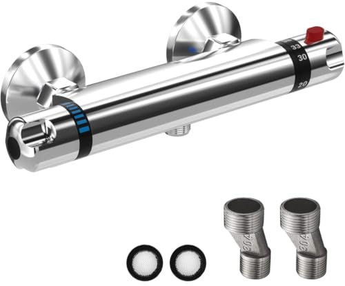 Thermostatic Shower Mixer Bar Single Lever Exposed Bath Shower Mixer Valve Anti Scald Tap, Hot Cold Water Mixer Constant Temperature Control for Bathroom, Bathtub Mounted