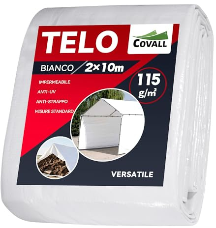COVALL Telone Impermeabile per Esterno 2x10m, HDPE 115g/㎡ Rinforzato con Occhielli, Anti-UV, Copertura per Piscina, Auto, Mobili da Giardino, Bianco