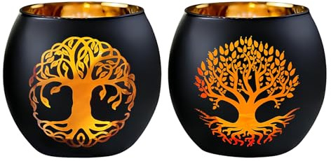 Qaixwuyi 2 portavelas de Cristal Negro con diseño del Árbol de la Vida, Acabado Mate, Ideales para Decorar la Mesa Durante el Ramadán y el Eid Mubarak. 8 cm de diámetro. Uso Diario