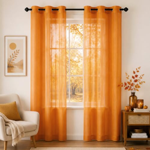 Woaboy Moderna Voile interiörgardiner Öljetter 2 st 140 x 225 cm Orange | Halvtransparent ljus voile för vardagsrum och sovrum, ljus och dekorativ.