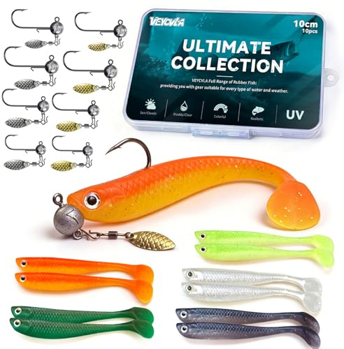 VEYCVLA Gummifiskbete för öring, gös, abborre, konstgjort bete, fiskeutrustning 10 cm, gummibete, fiskeset, jiggkrokar med runt huvud, fiskepresenter för män