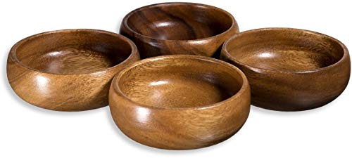 Home Essentials Natural Acacia Wooden Bowls Hand-Carved Calabash Small Dip Tray Bowl S/4 Ideal for Appetizers, Dips, Sauce, Nuts, Candy, Olives, Seeds, Desserts and More. Small (Round)
