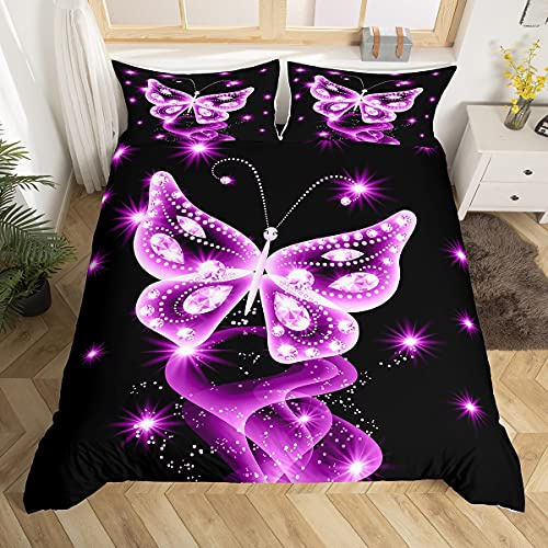 Loussiesd Butterfly Bedding Set Galaxy Bedclothes King Kids Boys Girls Teens Dreamy Diamond Feather Print Duvet Cover Set Sparkle Black Purple Decor Microfiber Bedclothes 3 Pieces