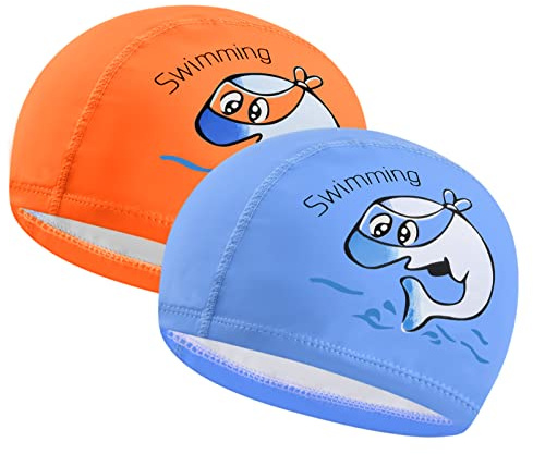 2 Pcs Cuffia Nuoto Ragazzi Ragazze 6 e 14 Anni, Cuffia Piscina Bambini Elastico con Cartoni Animati, Cuffie da Bagno Bambino in PU Impermeabile, Cuffietta da Nuotare per Capelli Lunghi e Corti (Set A)