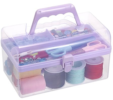 SUMTree Rectangle Plastic Craft Storage Boxes with Lids for Art Supplies, Multipurpose Plastic Art and Craft Supply Storage Container Bin Case with Removable Tray, Transparent Purple
