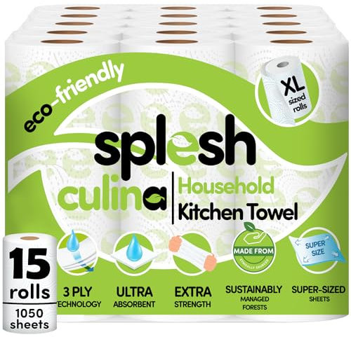 Splesh Culina Kitchen Towel - 15 XL Rolls (1050 Sheets) 3 Ply Ultra Absorbent & Extra Strong, Large Eco-Friendly Household Kitchen Rolls - 70 Super Sized Triple Layered Sheets Per Roll