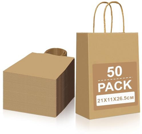 Gucass 50 Pezzi Marrone Sacchetti Carta con Manici, Medi Borse Carta Kraft Sacchetti da Regalo Carta, 21x11x27cm, Shopper in Kraft Carta Borsa Regalo, per Feste Compleanno Natale Matrimoni Shopping