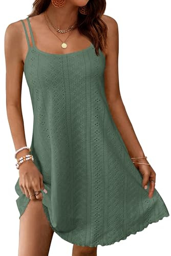 WNEEDU Abiti Estivi Donna Senza Maniche Vestito Leggero con Spalline Sottili Corto al Ginocchio Casual Abito Scollo Rotondo Verde Scuro S