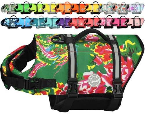 VIVAGLORY Gilet de Sauvetage en Ripstop pour Chiens de Taille Petite, Moyenne et Grande, Gilet de Natation pour Chiens avec Flottabilité Améliorée et Visibilité, Fleurs du Nord-Vert