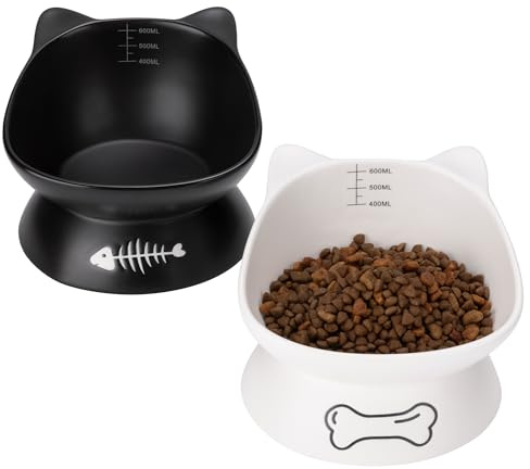 Navaris Set di 2 Ciotole per Gatti Rialzate - Ciotola Acqua Cibo Gatto Rialzata - in Ceramica - Bianco e Nero - Capacità 400 ml - Recipiente Graduato - Lavabile in Lavastoviglie