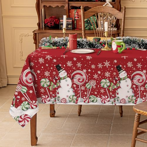 Softalker Christmas Red Table Cloth Rectanglar 140x200 CM Xmas Tablecloths Washable Winter Stain Resistant Tablecloth White Snowman for Party Banquet Dining Holiday Festival Decorations 55x78 inch