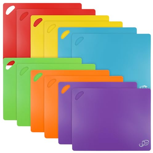 SINJEUN Juego de 12 tablas de cortar de plástico, 38 x 30,5 cm, alfombrilla de corte para cocina, 6 colores, de plástico, rojo, amarillo, azul, verde, naranja, morado, 1,2 mm de grosor