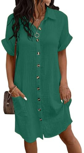 Joligiao Abito Estivo Donna Vestito Donna Maniche Corte Scollo a V Cotton Elegante Abito da Camicia con Botton e Tasche Casual Abito Mare Spiaggia Vestito Estivo Colori Solidi Abiti(Verde,XL)