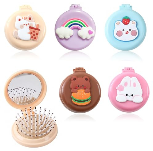 PYRUVAE 5 Pezzi Spazzola da Viaggio con Specchio, Mini Spazzola Capelli Pieghevole per Ragazze e Donne, Spazzola da Borsa Portatile per Massaggio Cuoio Capelluto, Pettine Compatto Rotondo, 6,5 cm
