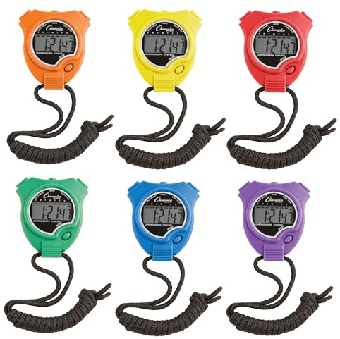 Champion Sports 910SET Stopwatch Timer Set: Waterproof, HandHeld Digital Clock Sport Stopwatches with Large Display for Kids or Coach - Bright Colored 6 Pack, Assorted