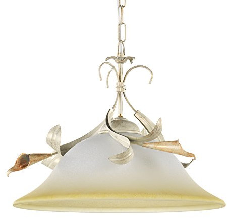 Onli Lucrezia - Lampadario in Metallo Color Avorio Spennellato Oro. Paralume a Campana in Vetro Bianco Sfumato Ambra.