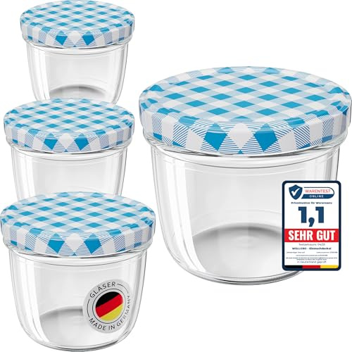 WELLGRO 75x Einmachgläser mit Schraubdeckel - 230 ml, 8,5 x 6,5 cm (ØxH), Glas/Metall, blau karierte Deckel To 82, Gläser Made in Germany