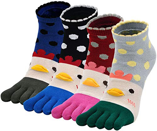 PUTUO Calcetines Dedos de Deporte para Mujer: Calcetines Dedos Separados Tobilleros Divertidos Animales 4 pares