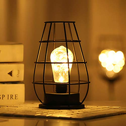 Black Metal Wire Table Lamp, Modern Iron Basket Style Night Light, Retro Battery Operated Bedside Table Lamp for Bedroom