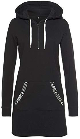 TrendiMax Damen Hoodie Kleid Herbst Langarm Sweatshirts Kapuzenpullover Streetwear Jumper Pullover Mini Kleider, Schwarz, XXL