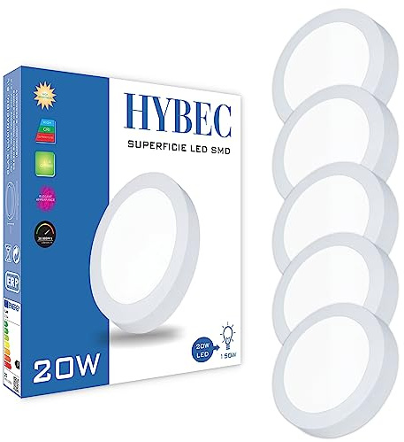 Hybec - Downlight LED Techo Superficie 20W, Focos LED Interior Techo, Downlight Superficie, Plafón LED, Blanco Neutro 4000K (Pack 5)
