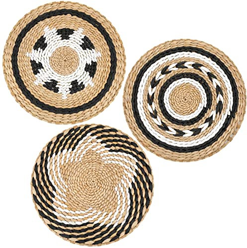 Set di 3 cesti decorativi da parete in stile bohémien, set di 3 cestini decorativi da parete, rustici, da appendere, fatti a mano, rotondi, con design africano, per soggiorno, camera da letto,