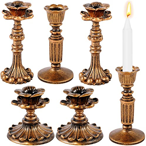 Suclain 6 Pcs Vintage Candlestick Holders Taper Resin Candle Holder Retro Antique Candle Holder Floral Decorative Candlesticks for Wedding Anniversary Table Centerpieces Fireplace Home Decor (Bronze)