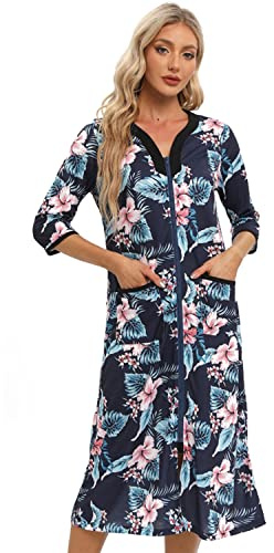 Verve Jelly Women Zipper Robe 3/4 Sleeves Loungewear Full Length Pockets Housecoat Long Soft Bathrobe Navy Blue 2 XXL