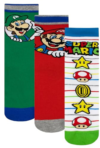 SUPER MARIO Strumpor 3-Pack | Multipack Strumpor För Pojkar | Luigi Bomulls Ankelstrumpor | Mario Presenter | 37-40cm