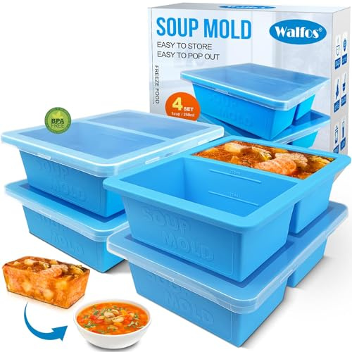 Walfos Bandeja congeladora de silicona extragrande de 1 taza con tapa, 4 paquetes de sopa, congelador, bandeja de cubitos de hielo para alimentos, contenedor para almacenar y congelar sopa, caldo