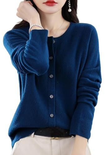 Cardigan in cashmere da donna, cardigan a maniche lunghe con bottoni frontali in cashmere 2024, maglioni elastici in maglia morbida e calda, Blu navy, XL