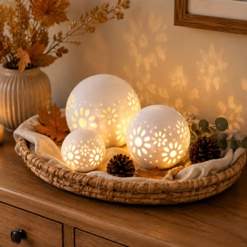 JHY DESIGN Set of 3 White Ceramic Decorative Table Lamps, Battery Operated | Round Floral Cut-Outs, Warm Accent Lighting, 11/9/7cm H, Battery Powered Cordless Lamps for Bedroom, Shelf and Wedding Table