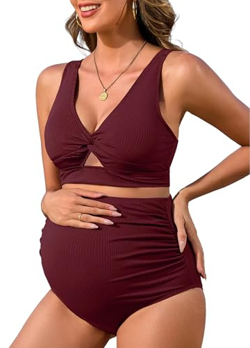 Charmo Womens Maternity Bikini Set 2 Pieces High Waist Swimwear | Removable Pads, Adjustable Straps, Ruched Design, Push Up, V Neck