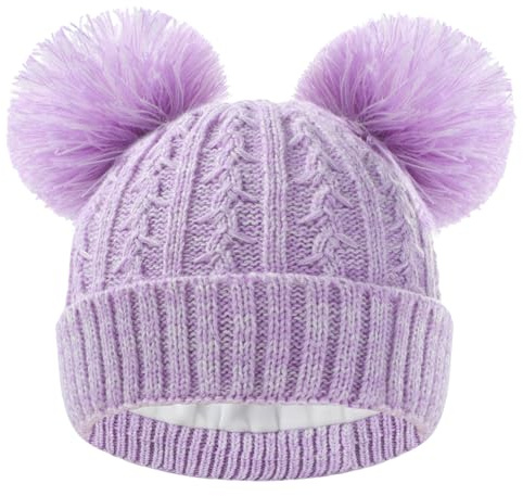 ACTLATI Kids Winter Knitted Beanie Hat Colorful Pompom Ears Ski Hat for Boy Girl(Ages 7-12)