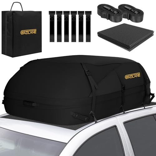 GADLANE Car Roof Bag - 20 Cubic Feet (550L) Waterproof Roof Box Storage for Car with/without Roof Rack - with 6 Sturdy Straps, Anti-Slip Mat & Storage Bag for Cars, SUVs, Travel, Holidays (Black)