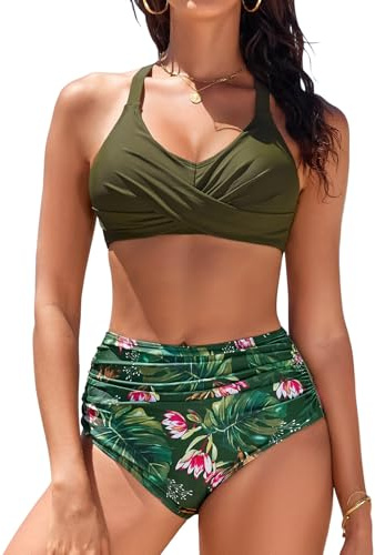 heekpek Bikini Sets for Women Tummy Control Swimsuit Women Swimming Costume 2 Piece with V Neck Front Cross Bikini Tops & High-Waisted Bikini Bottoms, Green, XL