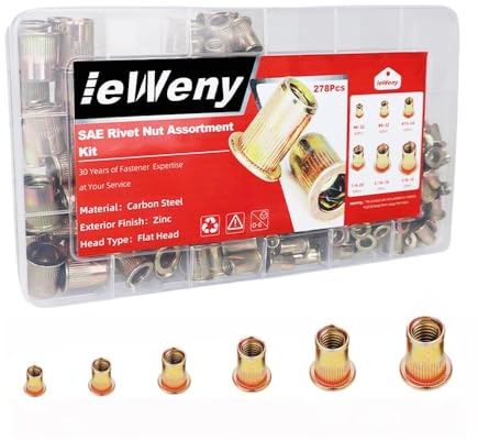 ieWeny Rivet Nut Assortment Kit(278Pcs), 1/4-20, 3/8-16, 5/16-18, #10-24, #8-32, #6-32UNC SAE Carbon Steel Rivnuts Set, Threaded Inserts for Sheet Metal, Automotive and Tube