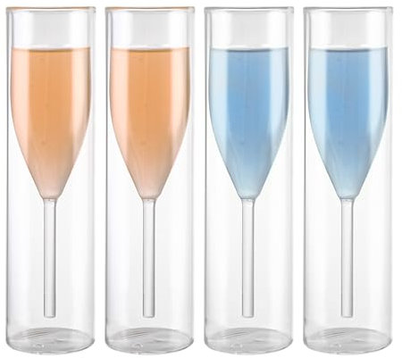 AHAQU Lot de 4 flûtes à champagne à double paroi, 100 ml, verres à prosecco, verres à prosecco en verre transparent, verres à champagne en cristal pour mariages, Noël, anniversaires, fêtes, maison