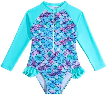 LYZOURBB Little Girls Long Sleeve Swimsuit Zipper Rash Guard One Piece Bathing Suits UPF 50+ Sun Protection Swimwear 3-8 Years Cyan