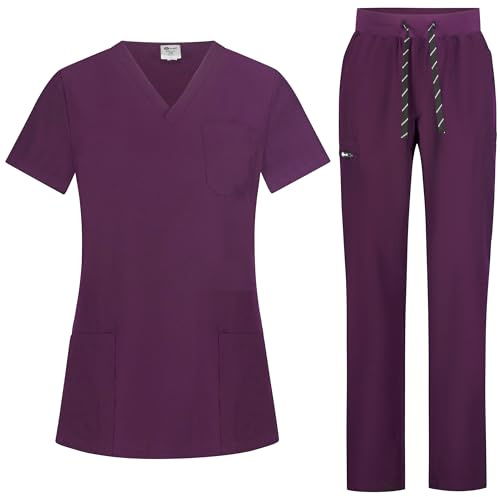B-well Bella damskrubbset slip-väska + slip-on-byxor set medicin läkare uniform slip-jacka topp med byxor medicinska arbetskläder med elastan, aubergine, XS