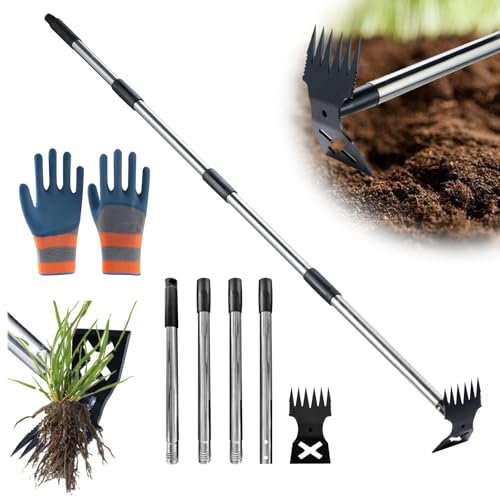 Outil de désherbage à long manche de 148 cm, extracteur de mauvaises herbes à long manche, râteau de jardin 2 en 1 pour désherbage, désherbeur robuste pour jardin, pelouse, terrasse, jardin (avec une