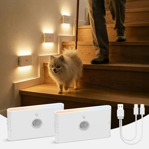 Luz Nocturna Sensor Movimiento Interior, Lampara USB Recargable 3 Modos AUTO ON/OFF, Blanca Luz LED Noche Regulable 3 Temperatura de Color para Armario, Salon, Dormitorio, Sótano, Baño, 2 Piezas