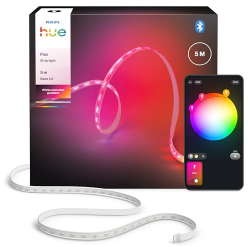 Philips Hue Strisce LED Flux, Luci colorate da 5 metri per interni con miscela dei colori Chromasync RGBWWIC, Strisce led dimmerabili flessibili e tagliabili, Con controllo vocale e da app