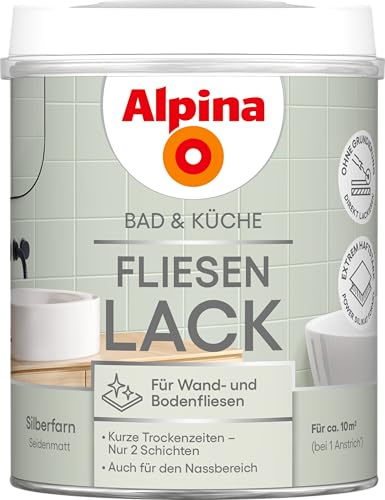 Alpina Bad & Küche Fliesen-Lack Silberfarn – seidenmatter Fliesenlack für Wandfliesen im Innenbereich, feuchtraumgeeignet & streichfertig, ideal für Badezimmer, Küche & WC – 0,75 L