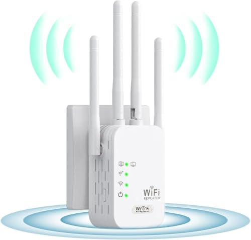 Repetidor WiFi,Amplificador señal WiFi, última tecnología de 4Antenas para una Cobertura Total, 300Sq.in área de Cobertura, soporta hasta 25 Dispositivos,Equipado con 2 Puertos Ethernet,Repetidor WiFi