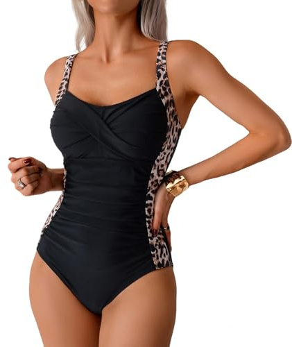 ADUDVLO Womens Swimming Costumes Tummy Control Bathing Suit One Piece Retro Ruched Swimwear with Detachable Breast Pads for Beach Vacation Pool Party (UK, Alpha, M, Regular, Regular, Black)