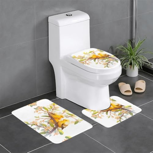WHJSSF Set di 3 tappeti da bagno 61 x 40,6 cm, motivo: piccolo rigogolo su rami di salice, tappetini antiscivolo con profilo, forme ovali e rettangolari per casa, cucina e servizi igienici