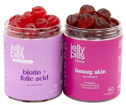 Jelly Pills Pack Bellezza Pelle, Capelli e Unghie – Collagene Idrolizzato + Acido Ialuronico e Biotina 10.000 mcg – 60 + 60 Gummies Vegane – Senza Zuccheri Aggiunti – Gusto Fragola e Lampone